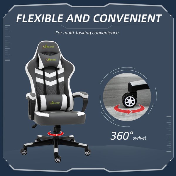 Racing Gaming Chair w/ Lumbar Support, Headrest, Home Office Gamer - Grey/White