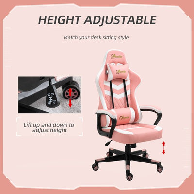 Racing Gaming Chair w/ Lumbar Support, Headrest, Gamer Office Chair- Pink/White