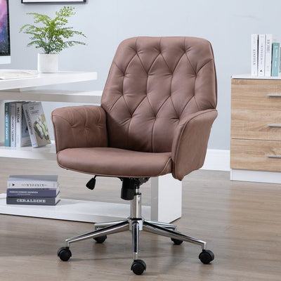 Tufted Ergonomic Desk Chair w/ Armrest & 360° Swivel Base - Coffee Brown