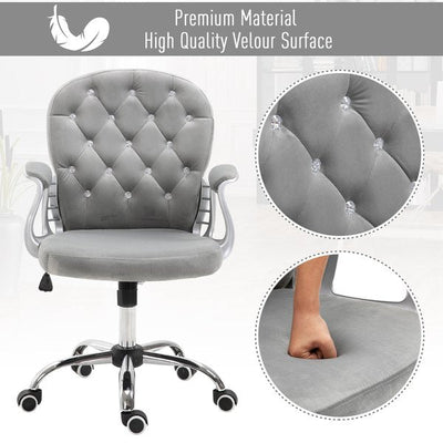 Diamante Tufted Padded Ergonomic Swivel Velour Office Chair -  Grey