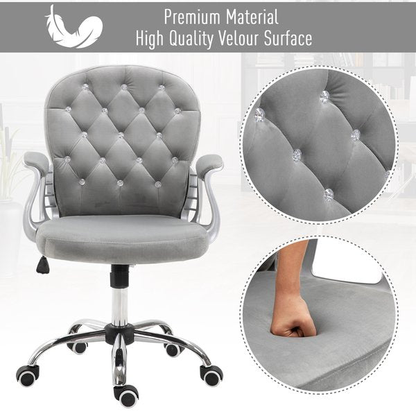 Diamante Tufted Padded Ergonomic Swivel Velour Office Chair -  Grey