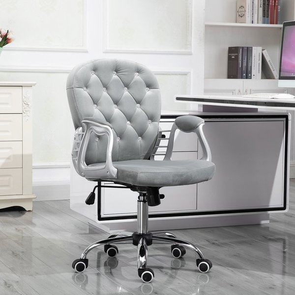 Diamante Tufted Padded Ergonomic Swivel Velour Office Chair -  Grey