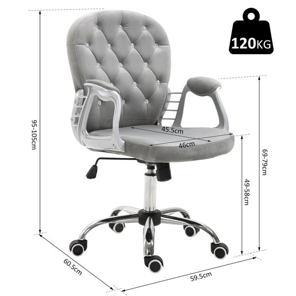 Diamante Tufted Padded Ergonomic Swivel Velour Office Chair -  Grey