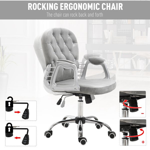 Diamante Tufted Padded Ergonomic Swivel Velour Office Chair -  Grey