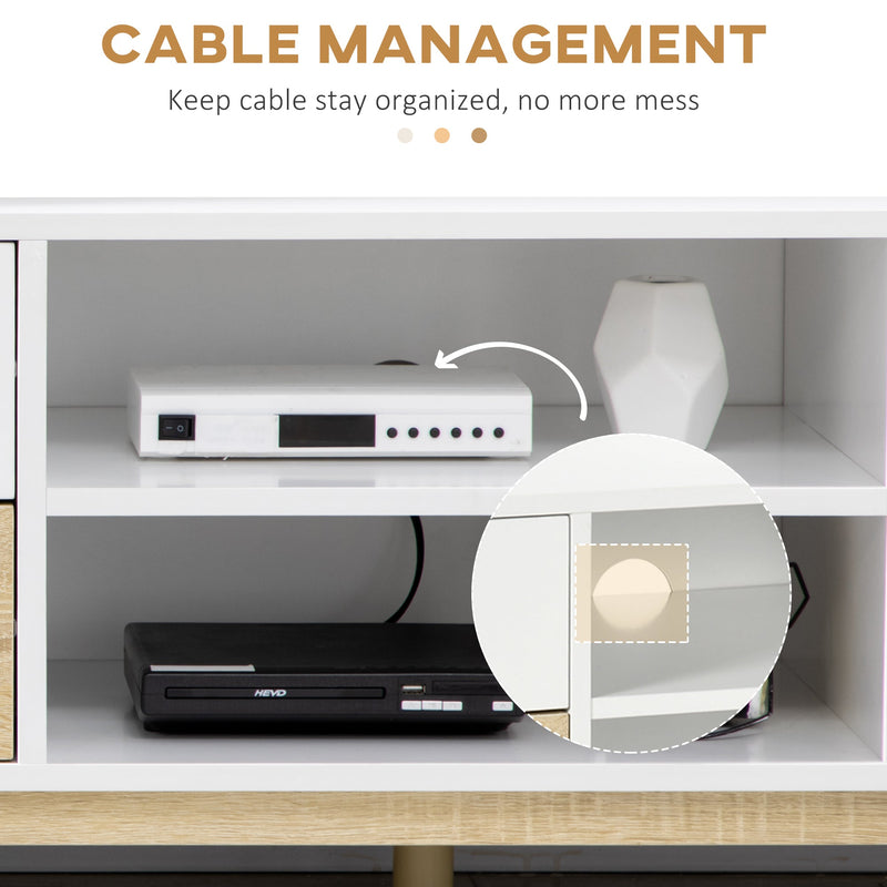 Modern TV Stand Unit for TVs up to 55" with Storage Shelves and Drawers, 120cmx40cmx44.5cm, White and Natural