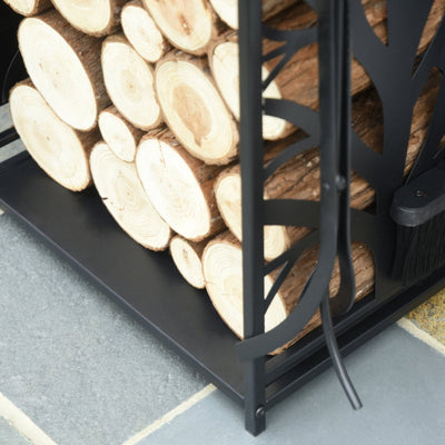 Heavy Duty Firewood Log Rack Fireplace Storagew/ 4 Tools, Black