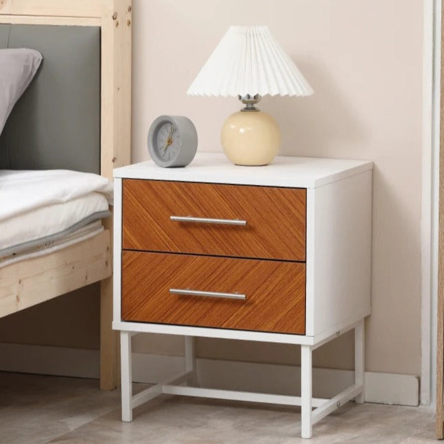 BORO Bedside Table with 2 Drawers and Metal Frame, Sofa Side Table, White and Brown