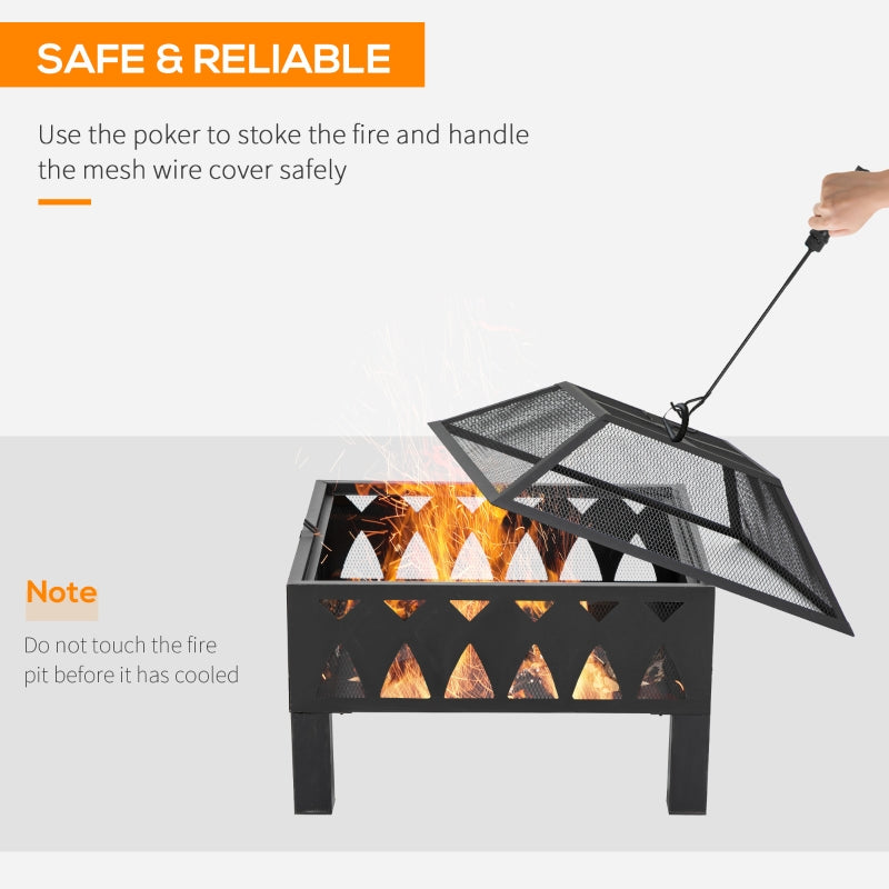 66cm Outdoor Fire Pit With Screen Cover, Black