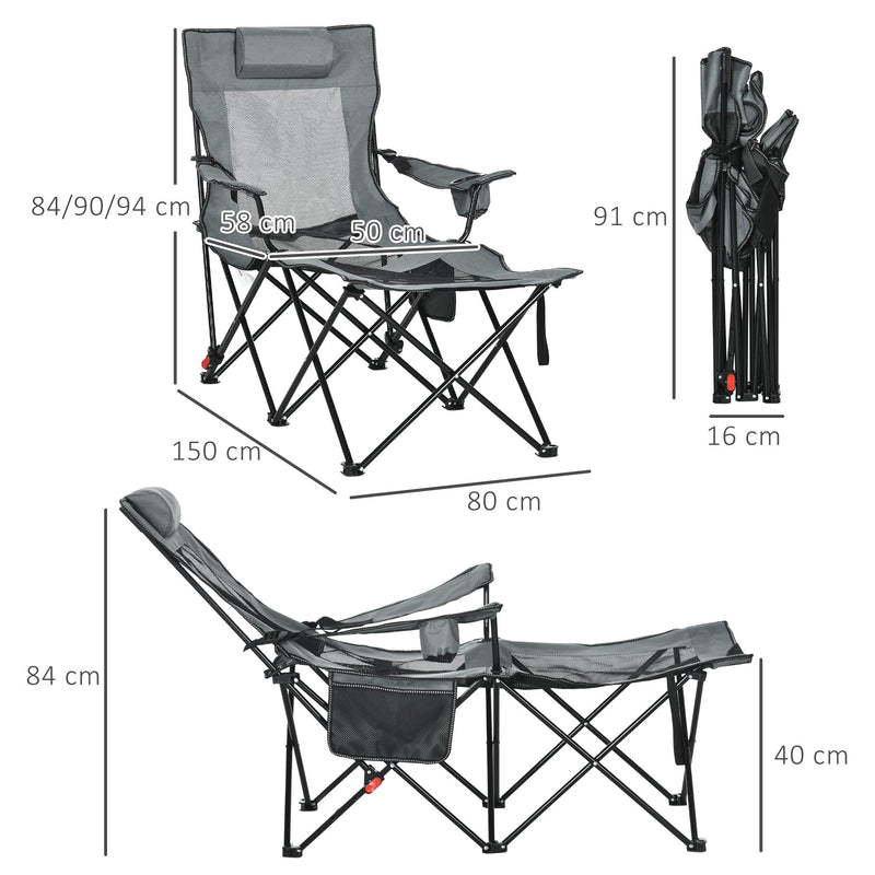 Outsunny Foldable Reclining Garden Chairs with Footrest and Adjustable Backrest, Portable Camping Chair with Headrest, Cup Holder and Carry Bag, Grey