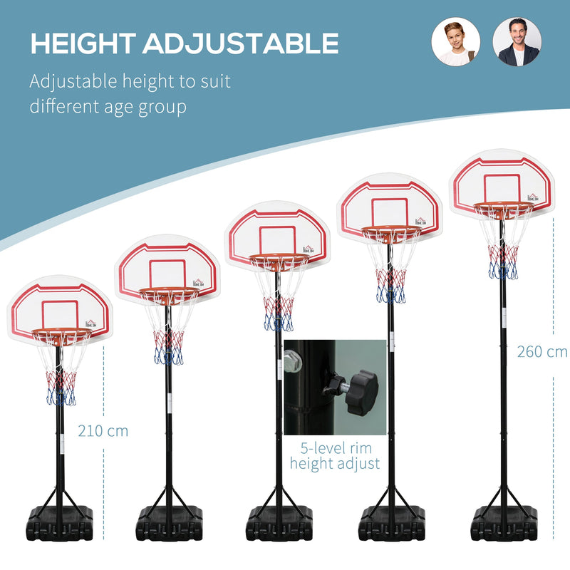 HOMCOM Outdoor Basketball Hoop Stand Portable Sturdy Rim Adjustable Height from 258-314 cm w/ Wheels, Stable Base