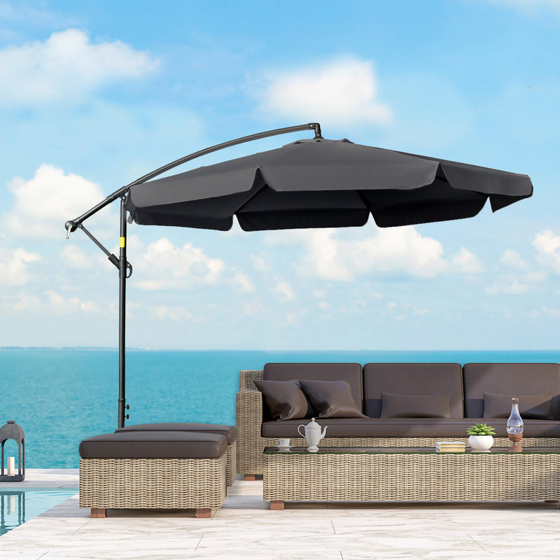 Outsunny 2.7m Garden Banana Parasol Cantilever Umbrella with Crank Handle and Cross Base for Outdoor, Hanging Sun Shade, Black