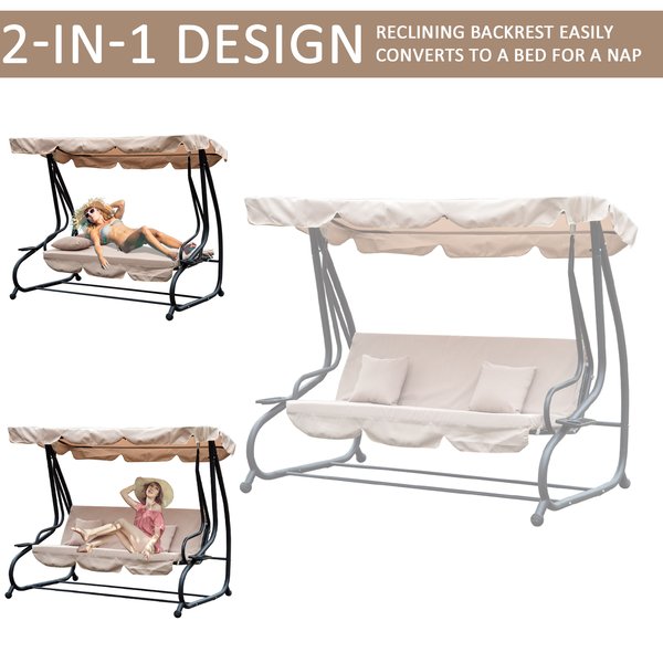 3-Seater Water Resistant Swing Chair W/ Cup Holder - Beige