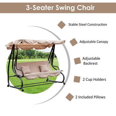 3-Seater Water Resistant Swing Chair W/ Cup Holder - Beige