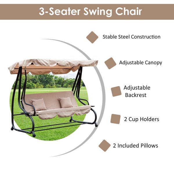 3-Seater Water Resistant Swing Chair W/ Cup Holder - Beige