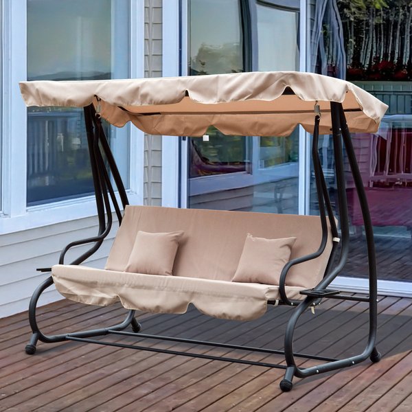 3-Seater Water Resistant Swing Chair W/ Cup Holder - Beige