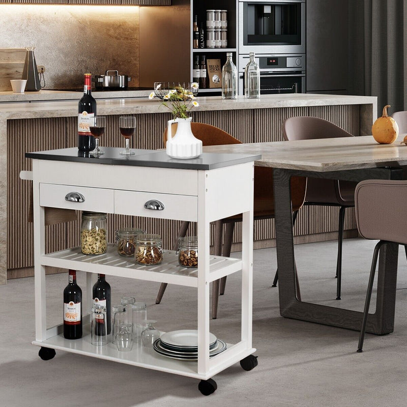 3-Tier Rolling Kitchen Island  Cart with Drawers-White