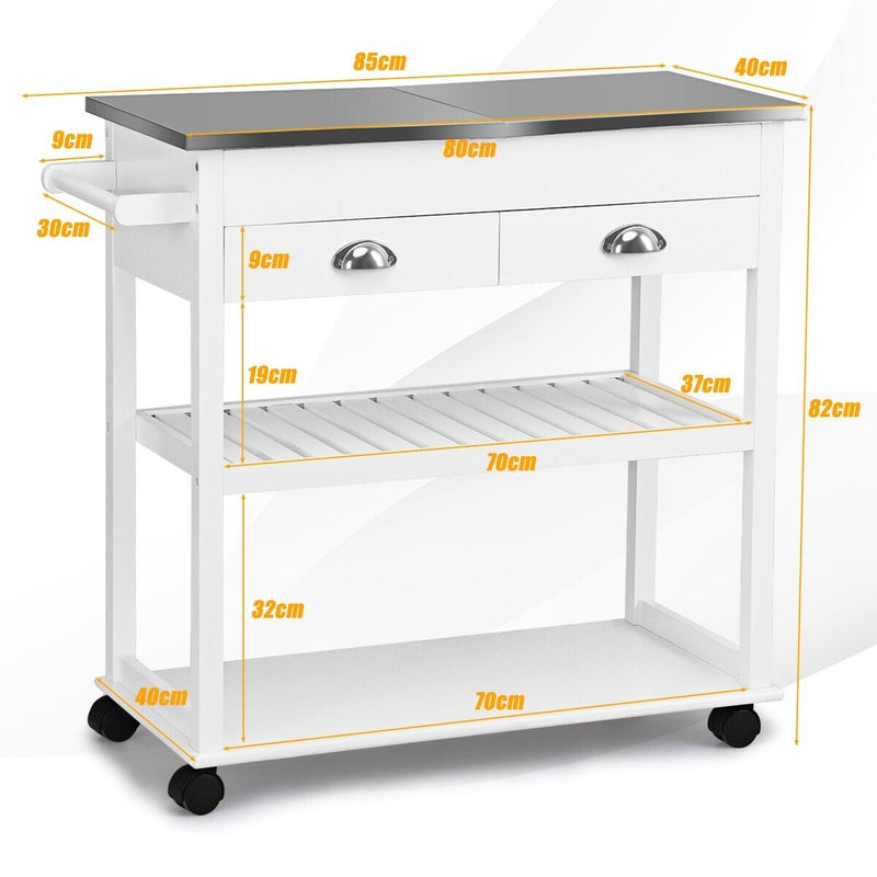 3-Tier Rolling Kitchen Island  Cart with Drawers-White