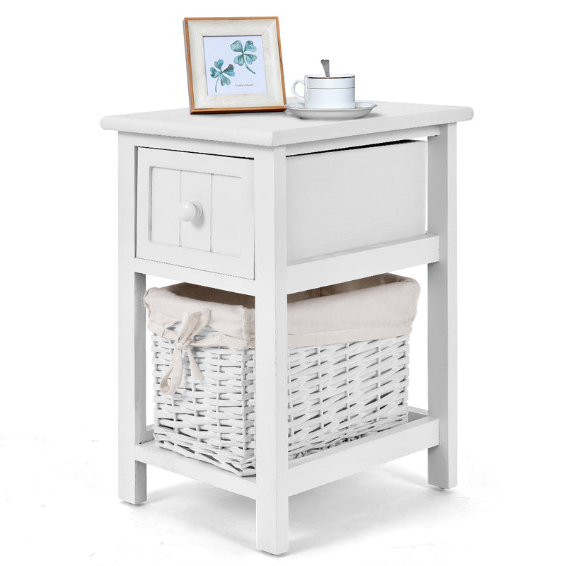 2 Tiers Wood Nightstand with 1 Drawer and 1 Baskets for Home-White