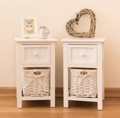 2 Tiers Wood Nightstand with 1 Drawer and 1 Baskets for Home-White