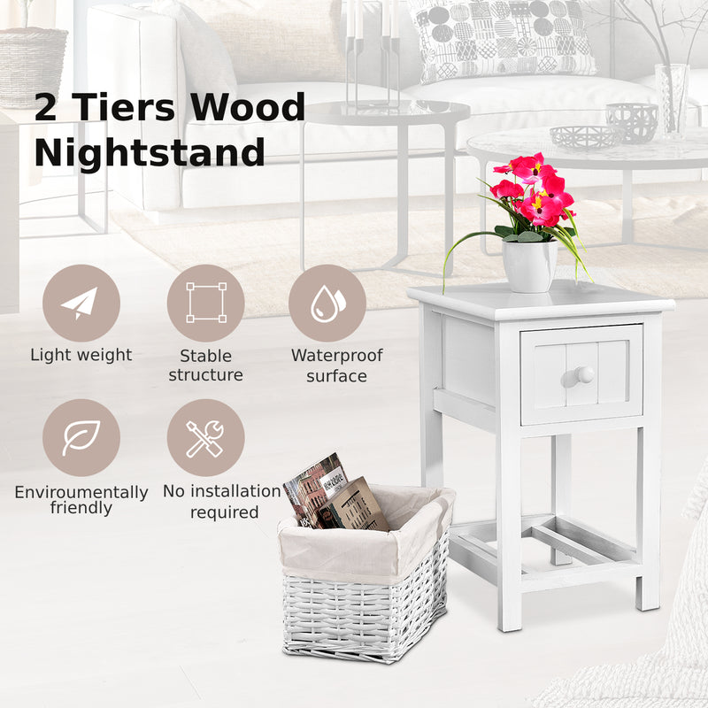 2 Tiers Wood Nightstand with 1 Drawer and 1 Baskets for Home-White