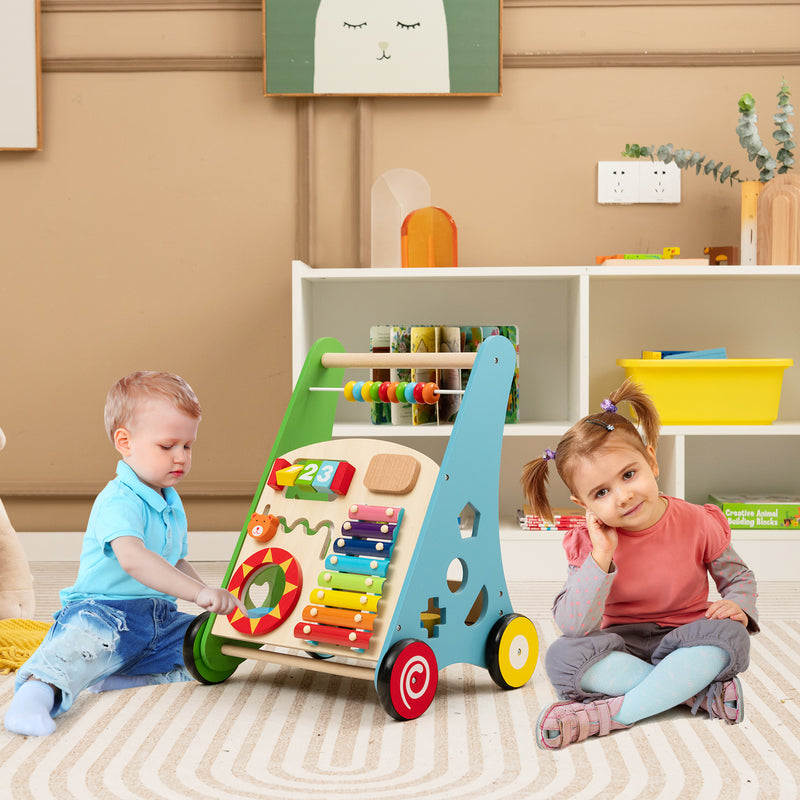 Sit-to-Stand Wooden Baby Walker with Multiple Built-in Toy Activities