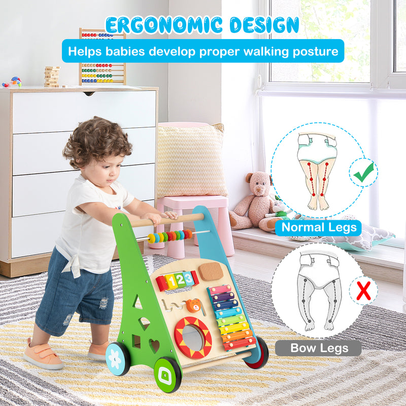 Sit-to-Stand Wooden Baby Walker with Multiple Built-in Toy Activities