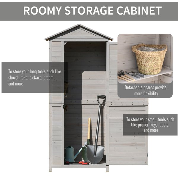 4 Tier Wooden Cabinet Storage Shed W/ Hook Foot - Light Grey