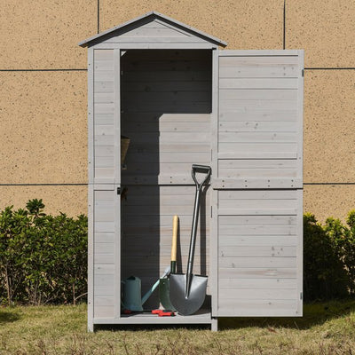 4 Tier Wooden Cabinet Storage Shed W/ Hook Foot - Light Grey