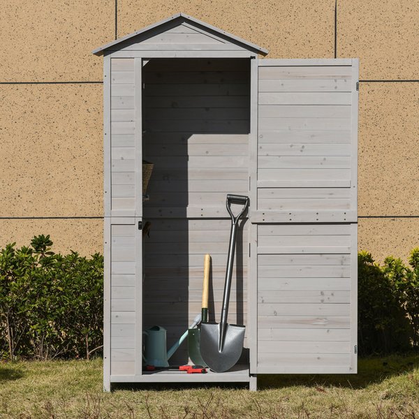 4 Tier Wooden Cabinet Storage Shed W/ Hook Foot - Light Grey