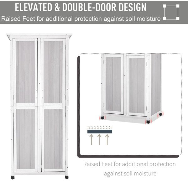 Double Door Wooden Garden Cabinet Tool Storage W/ 3 Tier Shelves - White