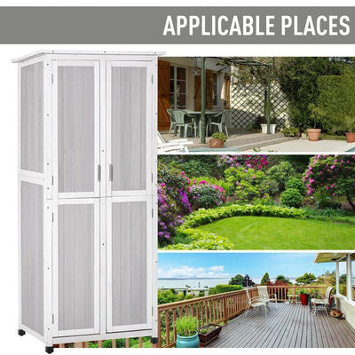 Double Door Wooden Garden Cabinet Tool Storage W/ 3 Tier Shelves - White