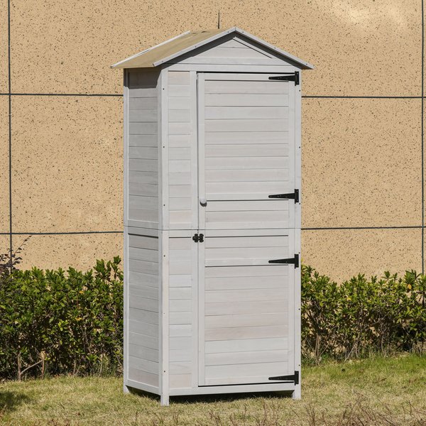 4 Tier Wooden Cabinet Storage Shed W/ Hook Foot - Light Grey