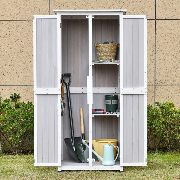 Double Door Wooden Garden Cabinet Tool Storage W/ 3 Tier Shelves - White