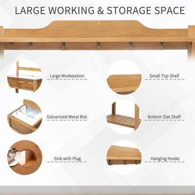 Wooden Table Galvanized Workstation Shelves And Hooks