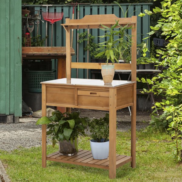 Wooden Table Galvanized Workstation Shelves And Hooks