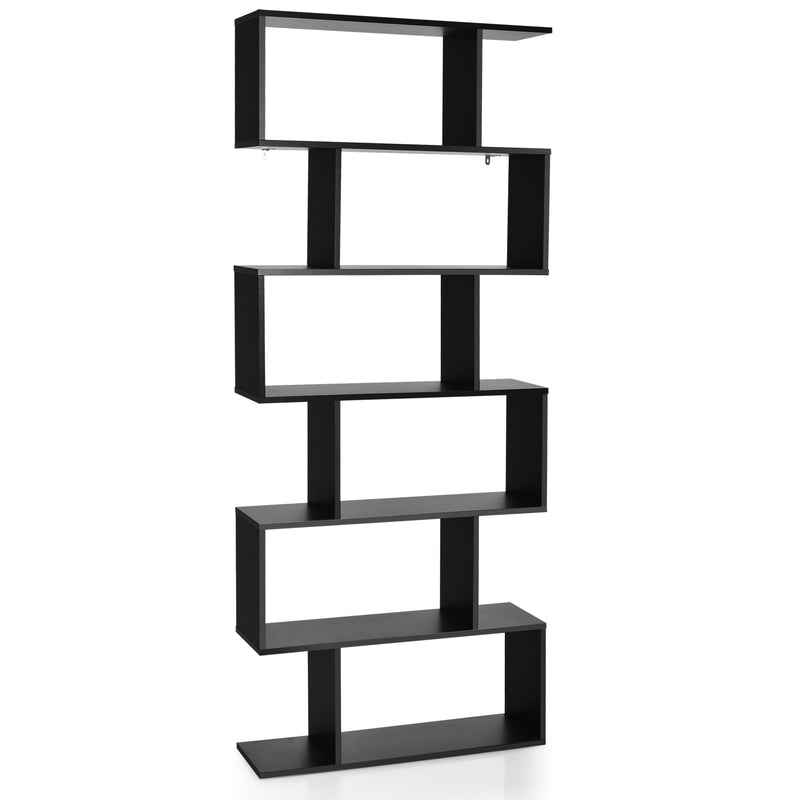 6-tier S-shaped Wooden Industrial Bookshelf-Black