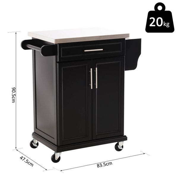 Wooden Kitchen Cart MDF Stainless Steel Top Island - Black