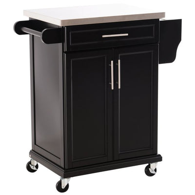 Wooden Kitchen Cart MDF Stainless Steel Top Island - Black