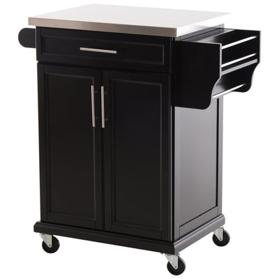 Wooden Kitchen Cart MDF Stainless Steel Top Island - Black