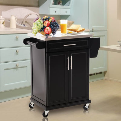 Wooden Kitchen Cart MDF Stainless Steel Top Island - Black