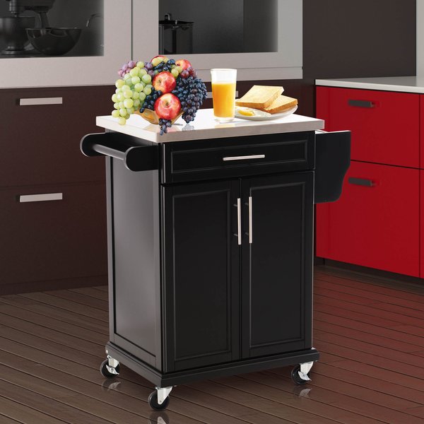 Wooden Kitchen Cart MDF Stainless Steel Top Island - Black