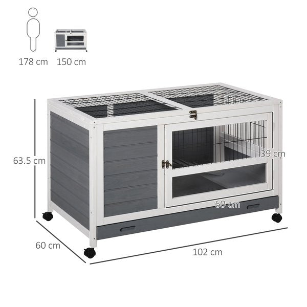 Wooden Rabbit Hutch Elevated Pet Bunny House Cage With Slide-Out Tray Indoor- Grey