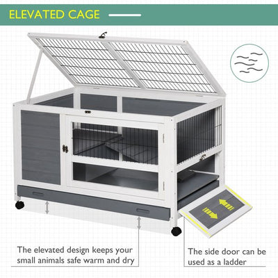 Wooden Rabbit Hutch Elevated Pet Bunny House Cage With Slide-Out Tray Indoor- Grey