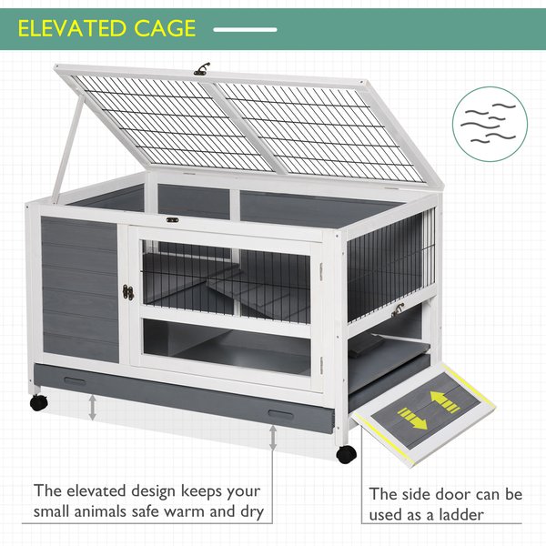 Wooden Rabbit Hutch Elevated Pet Bunny House Cage With Slide-Out Tray Indoor- Grey