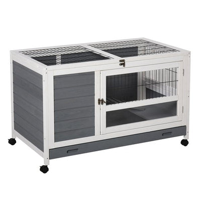 Wooden Rabbit Hutch Elevated Pet Bunny House Cage With Slide-Out Tray Indoor- Grey