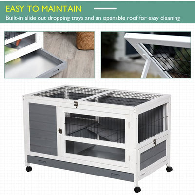 Wooden Rabbit Hutch Elevated Pet Bunny House Cage With Slide-Out Tray Indoor- Grey