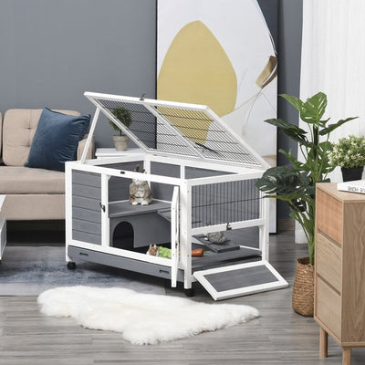 Wooden Rabbit Hutch Elevated Pet Bunny House Cage With Slide-Out Tray Indoor- Grey