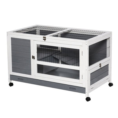 Wooden Rabbit Hutch Elevated Pet Bunny House Cage With Slide-Out Tray Indoor- Grey