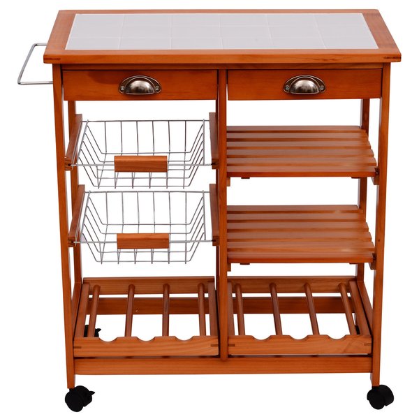 Wooden Rolling Kitchen Cart  Utility Trolley W/ Towel Rack, Drawers & Shelves