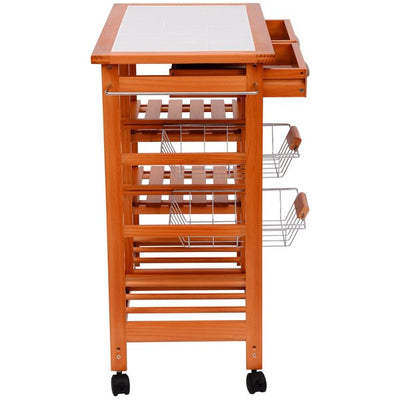 Wooden Rolling Kitchen Cart  Utility Trolley W/ Towel Rack, Drawers & Shelves